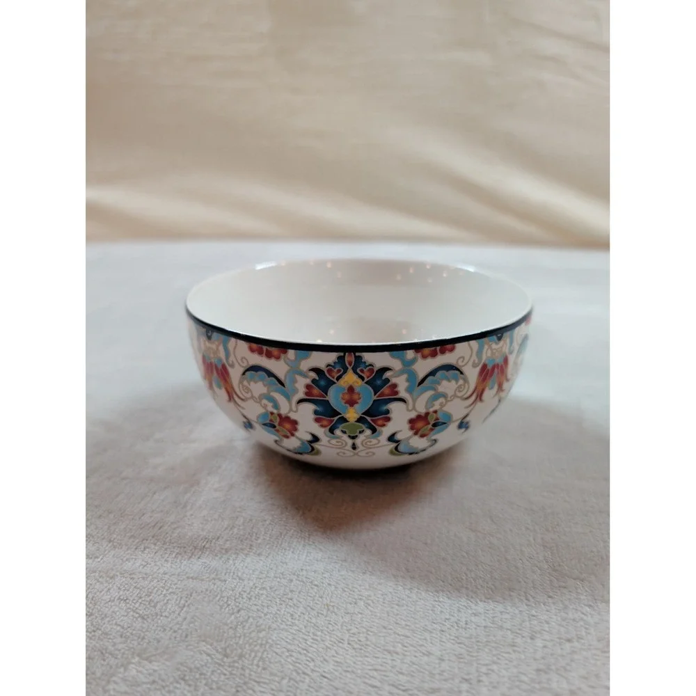 222‎ Fifth Tunisia Porcelain Bowl Blue Red Yellow Damask Cereal Soup 5.5 Inch